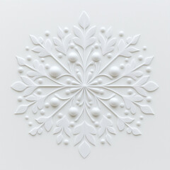 Elegant white paper-cut snowflake design featuring leaf and berry patterns on a soft background, showcasing winter-themed symmetry and intricate detail. Festive decor, purity, and seasonal artistry.
