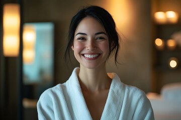 Naklejka premium Smiling Woman in Relaxing Spa Environment Wearing a White Robe