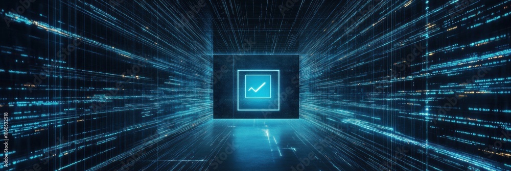 Fototapete a digital screen shows a protection icon amidst glowing data streams, symbolizing security in a virt