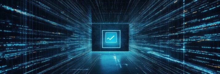 A digital screen shows a protection icon amidst glowing data streams, symbolizing security in a virtual environment. Generative AI