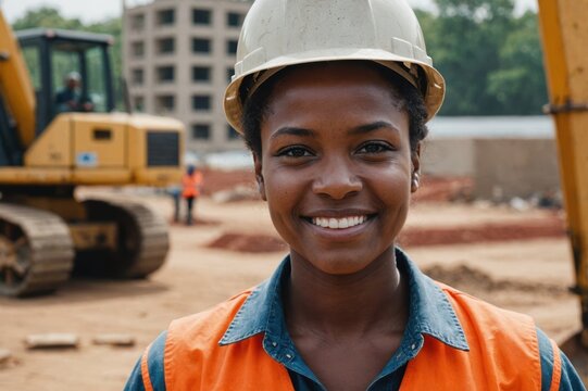 Close portrait of a smiling young Botswanan woman construction worker looking at the camera, Botswanan outdoors construction site blurred background
