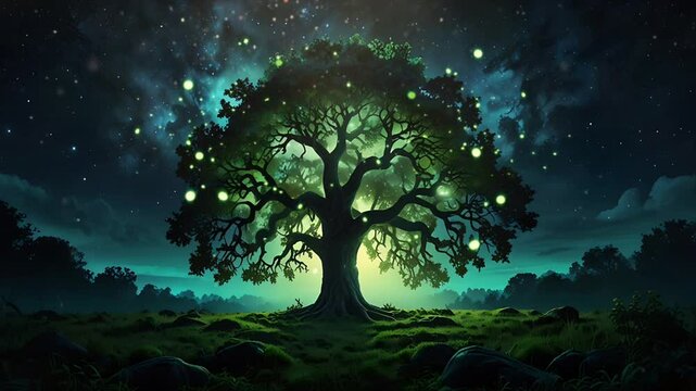 A magical tree in the middle of a fairy tale forest. Lots of fireflies, mystical atmosphere and full of mystery. Seamless 4K looping timelapse video animation background