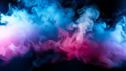Fototapeta premium Thick smoke of blue and purple colors, mixing, creates a gradient, on a dark background.