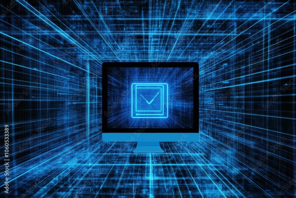 Fototapete a computer screen shows an open protection icon amid a vibrant digital network, emphasizing cybersec