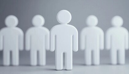 A group of minimalist figurines stands in a row, featuring one prominent central figure, all against a subtle gray background.