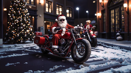 A man dressed as Santa Claus riding a motorcycle down a snowy street