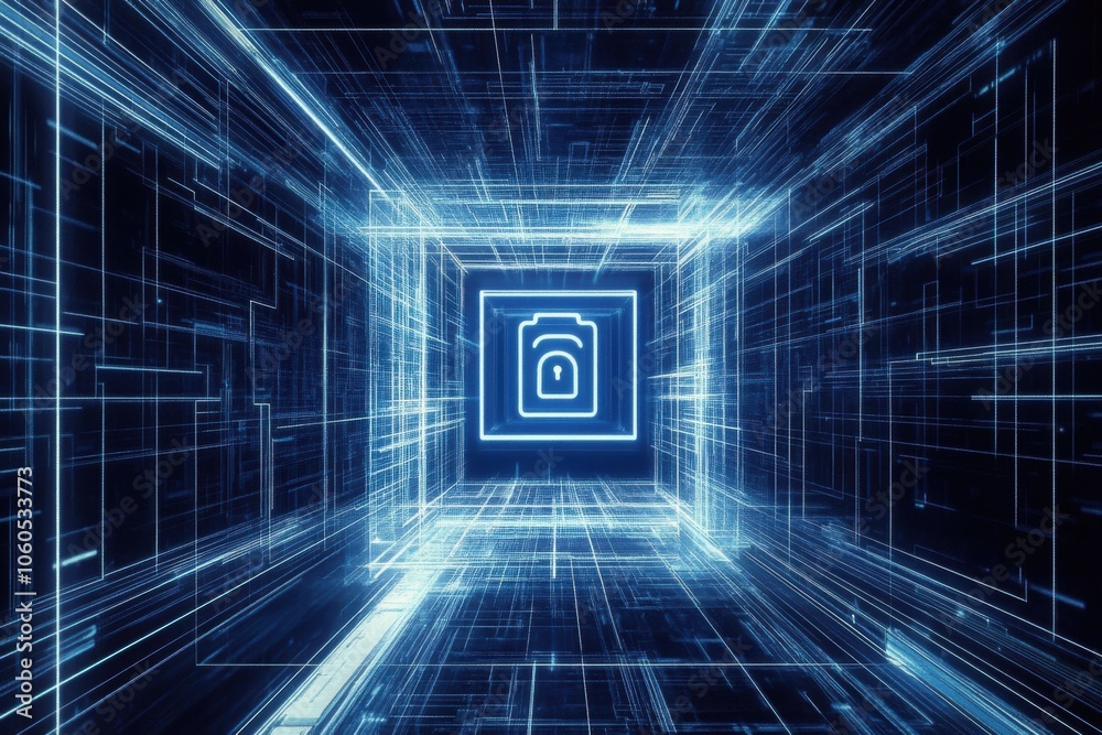 Poster a computer screen displays a prominent lock icon within a digital framework, emphasizing information