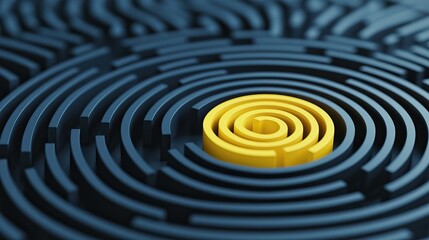 Fototapeta premium The image features a yellow spiral amidst dark, intricate circular patterns, symbolizing focus or clarity within complexity.