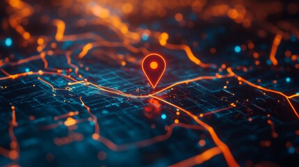 High-tech map showing a location icon, ideal for GPS and directional guidance
