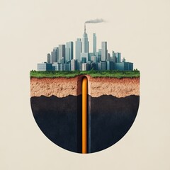 A circular cross-section reveals a city skyline above and soil layers below, highlighting the contrast between urban life and the natural environment.