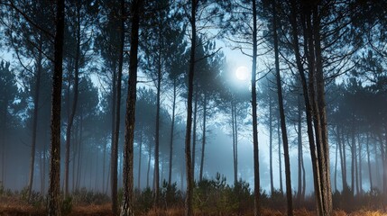 Obraz premium A full moon shines through the trees in a misty forest at night.