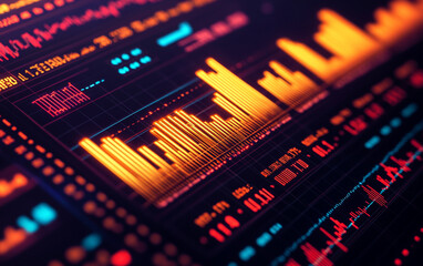 Fototapeta premium Colorful data visualization with charts and graphs on a dark background.