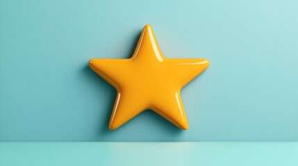 Obraz premium Yellow glossy star shape on blue background with soft shadows and reflections for a colorful and minimalistic design concept.