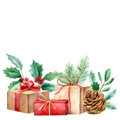 Watercolor Christmas gifts on white background, with fir tree, pine cone, holly and berries. With white frame to put text, perfect illustration for Christmas motifs, winter or festive themes.