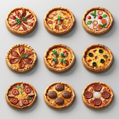 Delight in this colorful 3D rendering of pizza set featuring various toppings and styles, perfect for food lovers and culinary enthusiasts