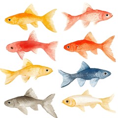 Fototapeta premium Watercolor illustration of six goldfish in various colors.