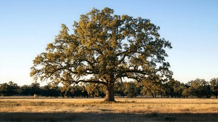 Fototapeta premium A large, solitary oak tree stands tall in a field, its branches reaching out towards the sky. The golden sunlight bathes the scene in a warm glow.