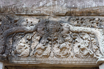Bas-relief sculpture at Prasat Preah Ko, Siem Reap, Cambodia.