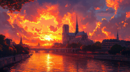 Notre Dame Paris Illustration: Restored Gothic Beauty at Sunrise Over Seine River