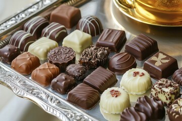 An assortment of luxury Dubai chocolates, paired with fine tea, placed on a polished silver tray, soft golden lighting.