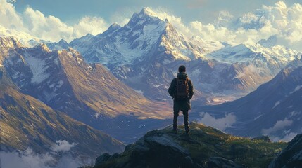 He looks off to distance mountain ranges 