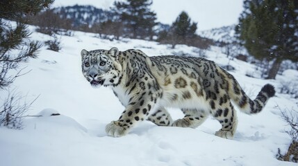 Obraz premium A snow leopard walks through the snow, its fur blending in with the snowy terrain.