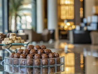 Fototapeta premium Dubai chocolate pralines showcased on a glass counter, featuring reflections and a softly blurred backdrop of an upscale hotel lobby.