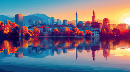 Obraz premium Sarajevo, Bosnia, Pop Art style theme print. Cityscape, city skyline.Vibrant, bright, modern, trendy, graphic designed for poster, card, wallpaper