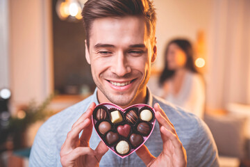 Chocolate Love on Valentine's Day. Smiling man holding heart-shaped box of assorted chocolates, celebrating Valentine's Day with his partner in the background.