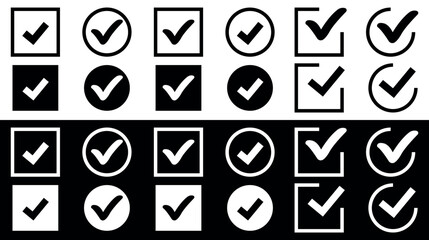 Collection of Check Mark icons. Simple check marks. Black and white check mark icon. Tick symbol. Accept okay symbol for improvement. Correct vote choice symbol. Vector illustration.