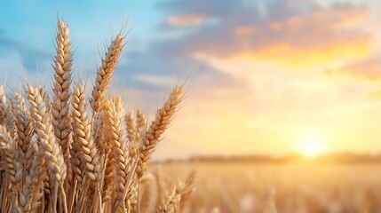 Fototapeta premium Golden wheat fields flourish under sunrise skies enhancing nature's beauty in agricultural landscapes
