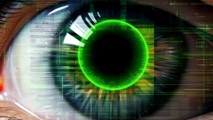 Extreme close-up of eye with futuristic green digital overlay