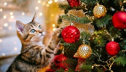 Curious kitten under the Christmas tree.