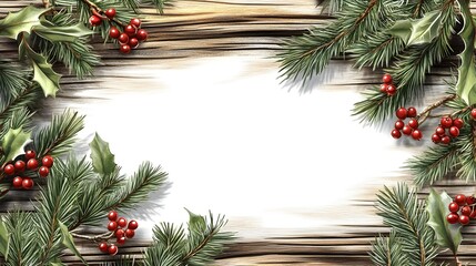 evergreen holiday red berries space branches background copy pine christmas wood tree decoration branch fir green frame new wooden border year winter white celebration card old spruce holly isolated