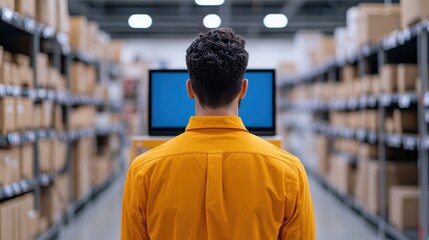 A person in a yellow shirt is facing a computer screen in a warehouse filled with cardboard boxes.
