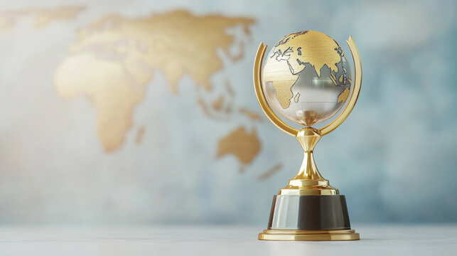 golden trophy with globe on top stands proudly against blurred world map background, symbolizing global achievement and success.