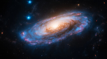 ring galaxy with lots of blue stars and hughs of purple and pink.