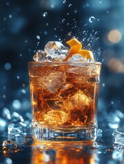 Elegant Whiskey Glass with Orange Twist and Ice Splash in a Vibrant Bar Scene
