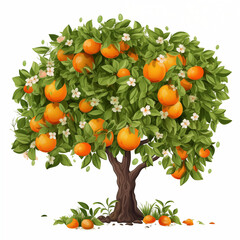 A vibrant cartoon orange tree full of ripe fruit and fragrant blossoms in a sunny garden