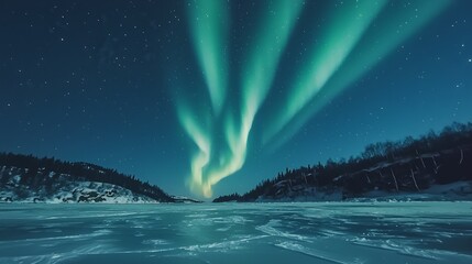 Naklejka premium Vibrant green Northern Lights illuminate a frozen lake in the snowy, star-studded night sky.