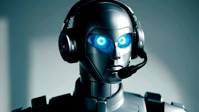 Close-up of a humanoid robot wearing a headset with glowing blue eyes