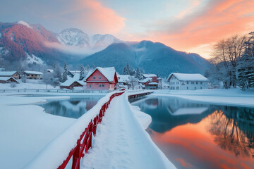 Charming snow-covered bridge leads to a picturesque village at dusk, neighboring tranquil waters and mountains
