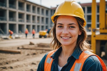 Close portrait of a smiling young Hungarian woman construction worker looking at the camera, Hungarian outdoors construction site blurred background