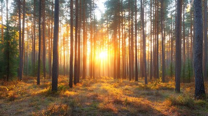 Obraz premium Sunlight filters through tall trees in a serene forest landscape creating a tranquil atmosphere at dawn