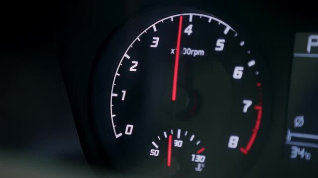 The speedometer of an ordinary car. The car accelerates, the car starts. The arrow measures the speed, scoring high speed