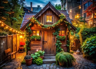 Obraz premium Enchanting Small Wooden House Adorned with a Beautiful Garland in an Urban Setting, Capturing the Essence of Cozy Architecture and Nature's Charm