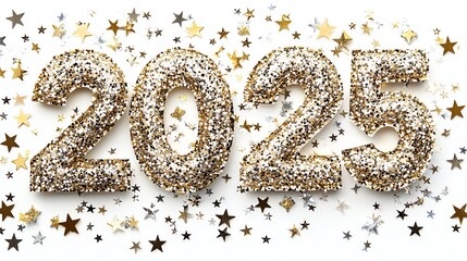 Sparkling 2025 numbers with golden stars on a white isolated background.