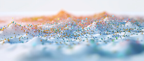 Fototapeta premium 3D representation of big data clusters in virtual environment, showcasing colorful nodes and connections across landscape. vibrant scene evokes sense of complexity and innovation