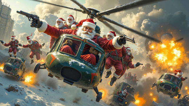 A group of santa claus flying through the air with guns in their hands