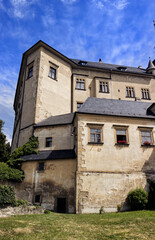 Vertical photo of castle building with grass and blue sky with white clouds. Castle, monuments, building, windows.